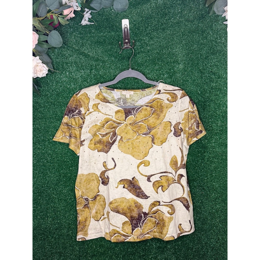 Laura Petites Floral Rhinestone Embellished Short Sleeve Top Women's Medium